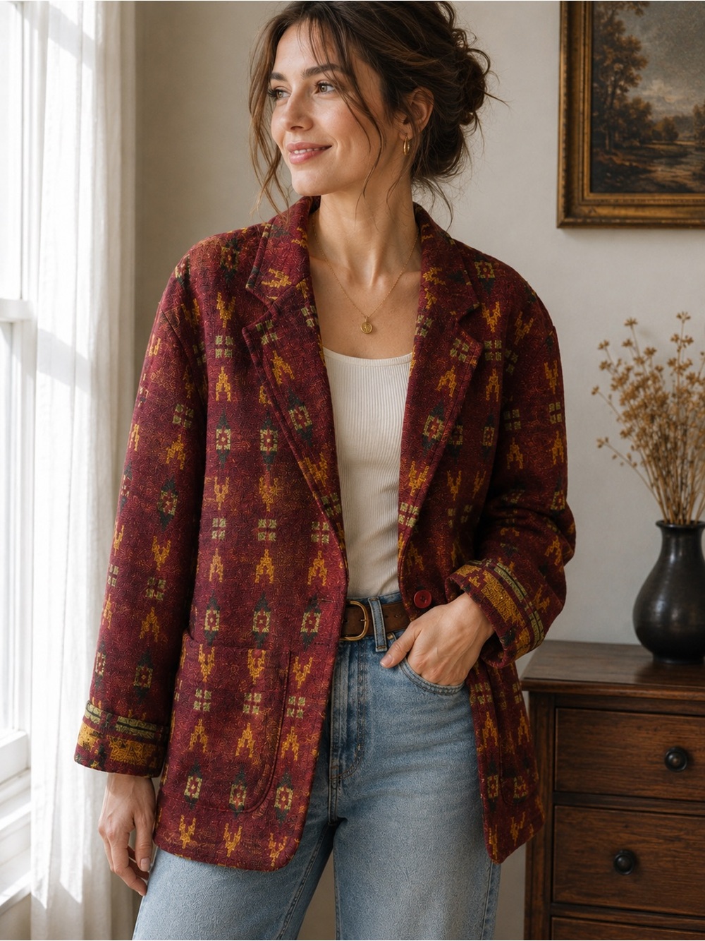 Vintage Southwestern Aztec Wool Blend Blazer Jacket Large